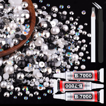 Picture of 80g Flatback Pearls and Rhinestones for Crafting, Black White 3-10mm Resin Rhinestones and Half Pearls for Bedazzling, Nail Art and Dec with 3pcs 10ml B7000 Jewelry Glue, Tweezer and Pickup Pencil