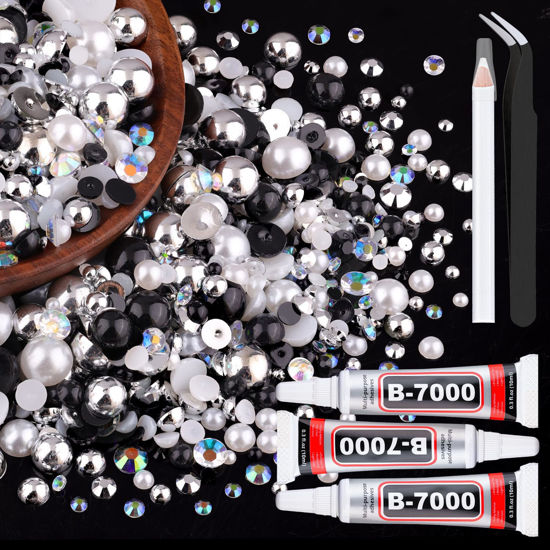 Picture of 80g Flatback Pearls and Rhinestones for Crafting, Black White 3-10mm Resin Rhinestones and Half Pearls for Bedazzling, Nail Art and Dec with 3pcs 10ml B7000 Jewelry Glue, Tweezer and Pickup Pencil