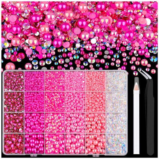 Picture of 9000PCS Flatback Pearls and Rhinestones for Crafting, Dark Pink Mixed Size 3-10mm Resin Rhinestones and Half Pearls for Bedazzling, Nail Art and Decoration with Tweezer and Pickup Pencil