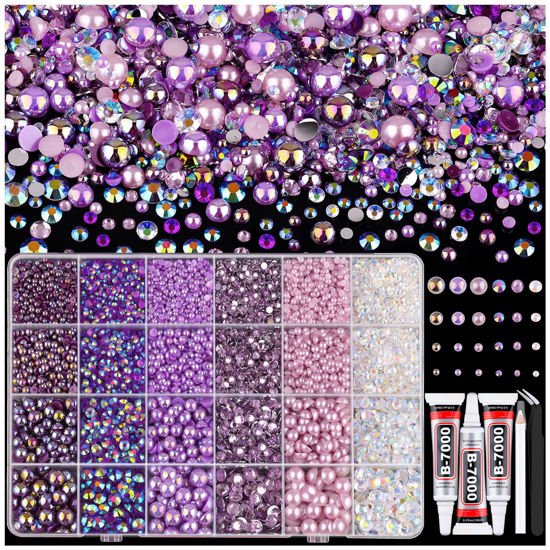 Picture of 9000PCS Flatback Pearls and Rhinestones for Crafting, Purple 3-10mm Resin Rhinestones and Half Pearls for Bedazzling, Nail Art and Dec with 3pcs B7000 Jewelry Glue, Tweezer and Pickup Pencil