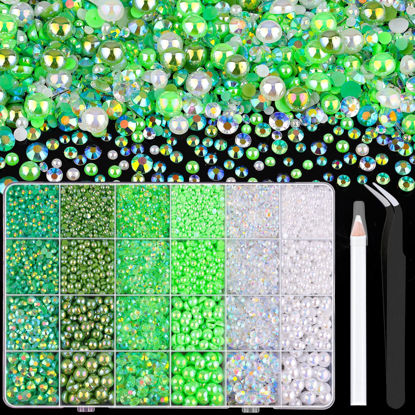Picture of 9000PCS Flatback Pearls and Rhinestones for Crafting, Green Mixed Size 3-10mm Resin Rhinestones and Half Pearls for Bedazzling, Nail Art and Decoration with Tweezer and Pickup Pencil