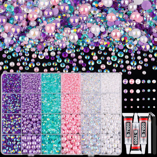 Picture of 9000PCS Flatback Pearls and Rhinestones for Crafting, Pink Purple 3-10mm Resin Rhinestones and Half Pearls for Bedazzling, Nail Art and Dec with 3pcs B7000 Jewelry Glue, Tweezer and Pickup Pencil