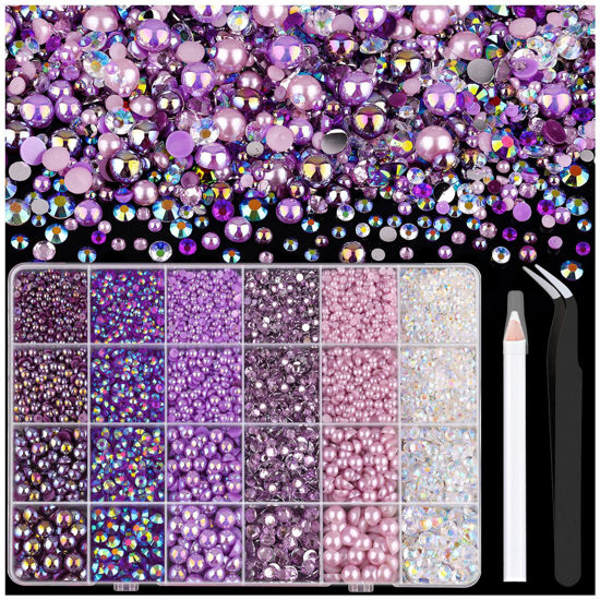 Picture of 9000PCS Flatback Pearls and Rhinestones for Crafting, Purple Mixed Size 3-10mm Resin Rhinestones and Half Pearls for Bedazzling, Nail Art and Decoration with Tweezer and Pickup Pencil