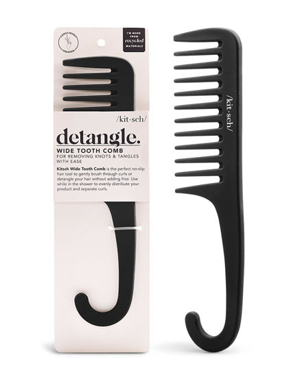 Picture of Kitsch Wide Tooth Detangler Comb - Curved Handle for Curly, Wet & Thick Hair, Black Shower Comb for Women