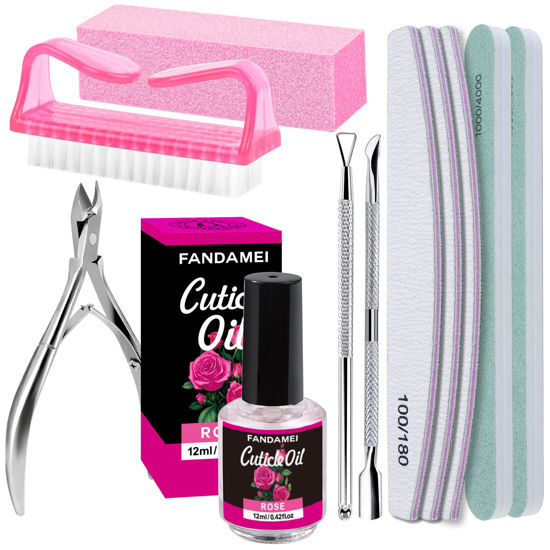Picture of FANDAMEI Nail Buffers and Files, Manicure Tools Kit with 3PCS Nail File, 2PCS Nail Buffer, Rectangular Nail Buffer Block, Cuticle Nippers, Cuticle Pusher, Cuticle Peeler. Cuticle Oil and Nail Brush.