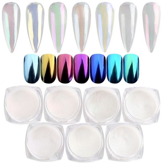 Picture of Pearl Chrome Nail Powder Set - 7 Colors Aurora Powder Mermaid Effect for Nails Iridescent Nail Glitter Shimmer White Rubbing Dust Nail Pigment Set Manicure Nail Art Decorations (B01-07)