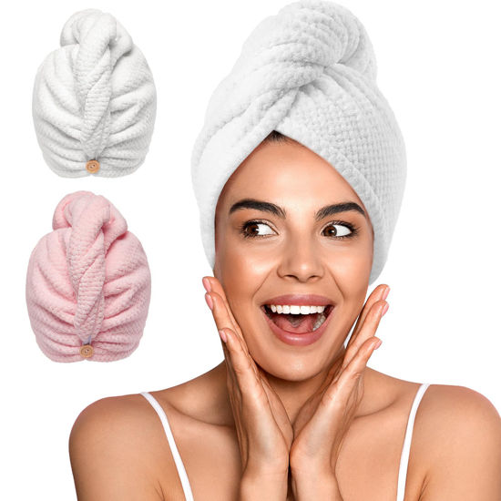 Picture of YFONG 2 Pack Microfiber Hair Towel Wrap for Women, Super Absorbent Quick Dry Hair Turban for All Hair Style Anti Frizz, Large Hair Drying Towel with Button