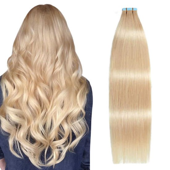 Picture of SUYYA Tape in Hair Extensions Human Hair 50g/pack 20pcs Straight Seamless Skin Weft Tape in Real Human Hair Extensions(20inch 16# Light Blonde)