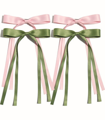 Picture of 4pcs Hair Clips for Women Tassel Ribbon Bowknot Hair Clips with Long Tail, Women Hair Clip for Girl, Solid Hair Clips Long Hair Accessories Barrettes Claw Hair Clips with Bow (Pink Green)