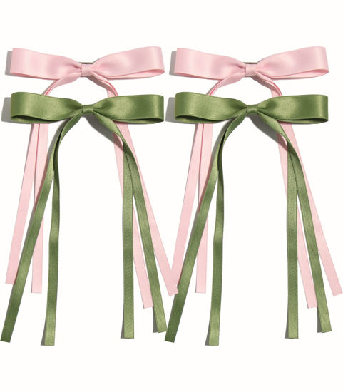 Picture of 4pcs Hair Clips for Women Tassel Ribbon Bowknot Hair Clips with Long Tail, Women Hair Clip for Girl, Solid Hair Clips Long Hair Accessories Barrettes Claw Hair Clips with Bow (Pink Green)