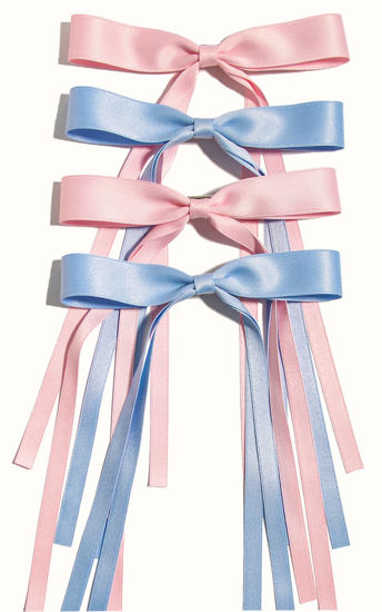 Picture of 4pcs Hair Clips for Women Tassel Ribbon Bowknot Hair Clips with Long Tail, Women Hair Clip for Girl, Solid Hair Clips Long Hair Accessories Barrettes Claw Hair Clips with Bow (Pink Light Blue)