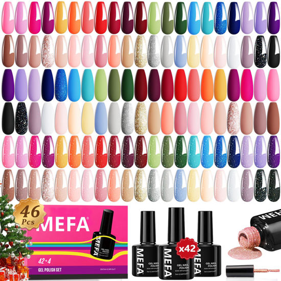 Picture of MEFA 46 Pcs Gel Nail Polish Set, 42 Colors All Seasons Gel Polish Set Valentine's Colorful Begginer Kit Kit with Base Coat & Glossy/Matte Top Coat, Nail Art Manicure Salon DIY Gifts for Girls