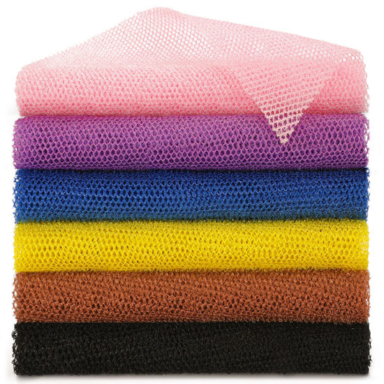 Picture of BHYTAKI 6 Pieces African Net Sponge African Exfoliating Net Long African Bath Sponge Washcloth Shower Net African Body Scrubber Net for Skin Smoother Daily Use(Pink,Yellow,Purple,Black,Blue,Brown)