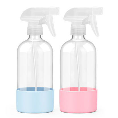 Picture of Worldgsb 2 Pack Glass Spray Bottles with Silicone Sleeve, 16 oz Empty Refillable Containers with Adjustable Spray Nozzles, Spray Bottles for Hair, Cleaning Solutions and Plants Blue&Pink