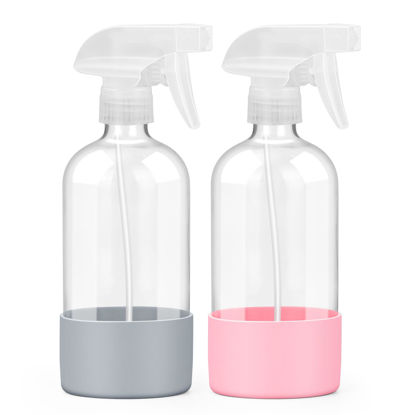 Picture of Worldgsb 2 Pack Glass Spray Bottles with Silicone Sleeve, 16 oz Empty Refillable Containers with Adjustable Spray Nozzles, Spray Bottles for Hair, Cleaning Solutions and Plants Pink&Grey