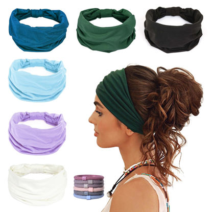 Picture of GiLi 6 Pack Wide Headbands for Women Non Slip Soft Elastic Hair Bands Yoga Running Sports Workout Gym Head Wraps, Knotted Cotton Cloth African Turbans Bandana (with 6 Pcs Hair Ties)