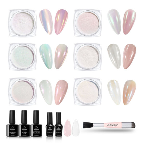Picture of Beetles 6 Colors Chrome Nail Powder Aurora Pearl Kit with Base Top Coat Color Gel Polish-Iridescent Glazed Donut Chrome Nail Powder Metallic Mirror Effect Mermaid Glitter Kit for Nail Art Design