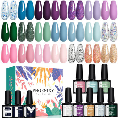 Picture of PHOENIXY 24 PCS Gel Nail Polish Kit，Blue Colors Gel Nail Polish Set with Base Glossy Matte Top Coat Purple Pink Nail Polish Set