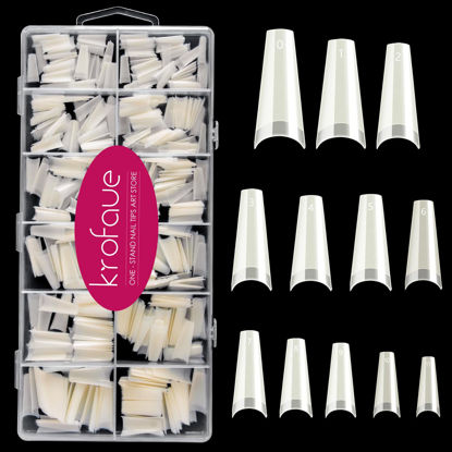 Picture of 600PCS Half Cover Coffin Nail Tips - Acrylic Nail Tips, krofaue 12 Size Natural Half Cover Nail Tips, Half Cover Acrylic False Nail Tips With Box for Nail Tips Art Salons and Home DIY