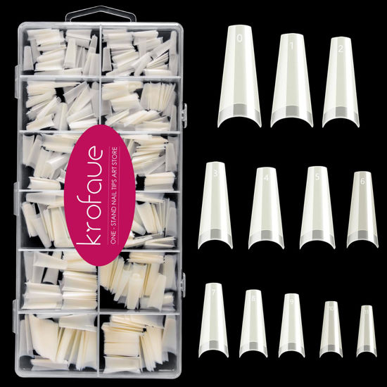 Picture of 600PCS Half Cover Coffin Nail Tips - Acrylic Nail Tips, krofaue 12 Size Natural Half Cover Nail Tips, Half Cover Acrylic False Nail Tips With Box for Nail Tips Art Salons and Home DIY
