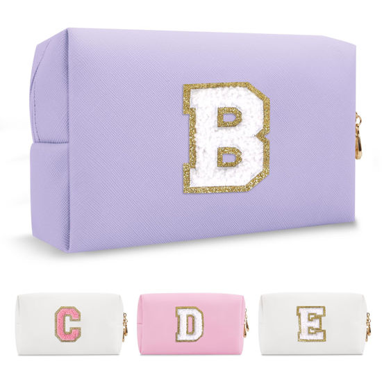 Picture of Personalized Makeup Bag Initial A-Z Preppy Patch Bag,Small PU Leather Travel Cosmetic Bag Pouch with Zipper,Purple Cute Toiletry Bag,Gift Ideal for Teen Girls Women Birthday Friend Mom,Latter B