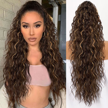 Picture of ORSUNCER Ponytail Extension Claw 30" Curly Pony Tail Clip in Hair Extensions Fluffy Natural Looking Synthetic Hairpiece for Women (Chocolate Brown with Caramel Blonde)