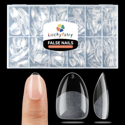 Picture of Luckyfairy Extra Short Almond Fake Nails, 504pcs Soft Gel x Pre-Shaped Acrylic Nail Tips, Half Matte Full Cover Clear Gelly Press on Flase Nail Tips for Extension Nail Manicure Home DIY 12 Sizes