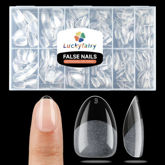 Picture of Luckyfairy Extra Short Almond Fake Nails, 504pcs Soft Gel x Pre-Shaped Acrylic Nail Tips, Half Matte Full Cover Clear Gelly Press on Flase Nail Tips for Extension Nail Manicure Home DIY 12 Sizes