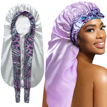 Picture of 2Pack Bonnets for Black Women Braid Bonnet, Large Long Bonnet Satin Bonnet for Braids,Black Women Silk Bonnet with Stretchy Tie Band Braid Bonnet for Sleeping Extra Long (Green&Light Purple Pattern)
