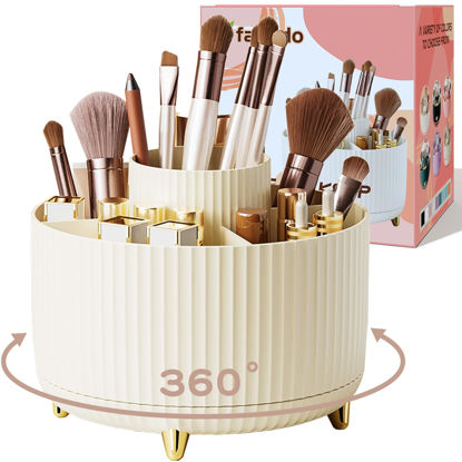 Picture of 360° Rotate Makeup Brush Holder Organizer, Makeup Organizers Countertop, Makeup organization and Skincare Storage for Vanity, Desktop, Bathroom (Ivory)