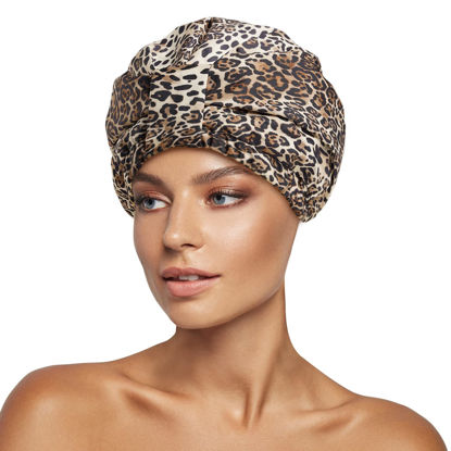 Picture of INNELO Luxury Shower Cap for Women Reusable Waterproof, Double Layered Shower Hair Cap with Adjustable Elastic Strap, Large Satin Lined Shower Bath Cap for Long Curly Straight Hair, Leopard