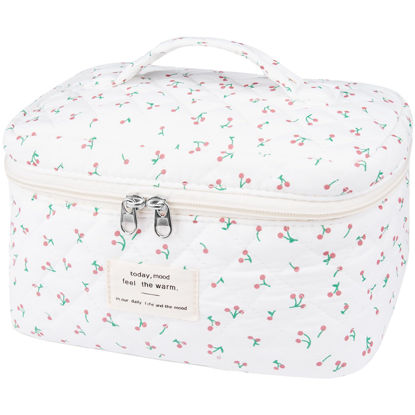 Picture of Large Travel Quilted Makeup Bag for Women,Big Floral Cotton Cosmetic Bag, Cute Coquette Aesthetic Floral Toiletry Organizer Bag (White Cherry)