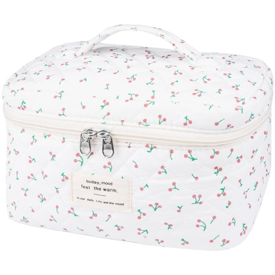 Picture of Large Travel Quilted Makeup Bag for Women,Big Floral Cotton Cosmetic Bag, Cute Coquette Aesthetic Floral Toiletry Organizer Bag (White Cherry)