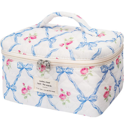 Picture of Large Makeup Bag, Cute Cosmetic Bag for Women Girls, Floral Coquette Aesthetic Toiletry Bag, Travel Make Up Organizer Bag (Blue Butterfly)