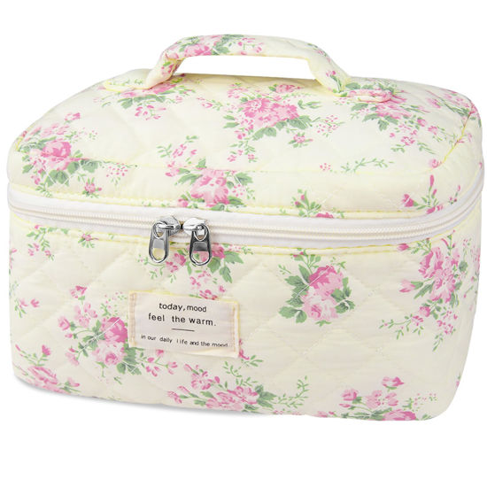 Picture of Large Travel Quilted Makeup Bag for Women,Big Floral Cotton Cosmetic Bag, Cute Coquette Aesthetic Floral Toiletry Organizer Bag (Pink pattern)