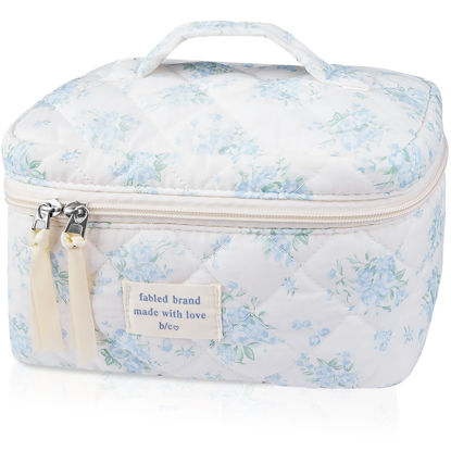 Picture of Large Travel Quilted Makeup Bag for Women,Big Floral Cotton Cosmetic Bag, Cute Coquette Aesthetic Floral Toiletry Organizer Bag (Blue Rose)