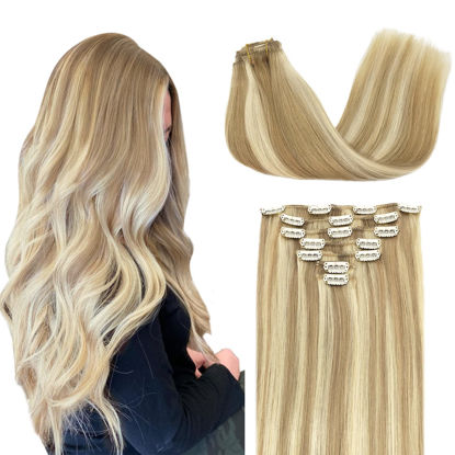 Picture of Hair Extensions Real Human Hair Clip in Extensions, DOORES Balayage Dark Blonde Highlighted Bleach Blonde 120g 7pcs 20 Inch Clip in Hair Extensions Remy Natural Hair Extensions Straight Thick