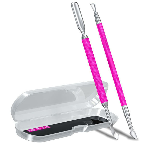 Picture of 2PCS Metal Rose Pink Cuticle Pusher and Cutter Remover Salon Quality Stainless Steel Gel Nail Polish Peeler Scraper Durable Manicure and Pedicure Cleaner Tool For Fingernail and Toenail