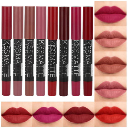 Picture of evpct 8Pcs Matte Lipstick and Lip Crayon Lip Liner Pencil Pen Set for Women DNM Dark Ruby Deep Red Nude Beige Chestnut Brown Mauve Plum Purple Wine Red Matte Lip Liner Crayon and Liquid Lipstick 03