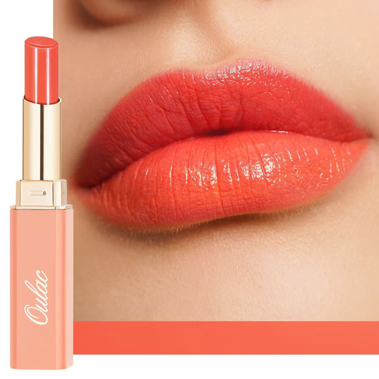 Picture of Oulac Moisturizing Shine Orange Red Lipstick for Women - 2 in 1 Orange Red Glossy Tinted Lip Balm, Hydrating Winter Lipstick for Dry Lips,Shine Juicy Finish Vegan 2.2g/0.07oz (12)