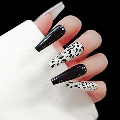 Picture of Vaveah 24 Pcs Press on Nails Coffin for Women, Extra Long Fake Nails Glue on Nails, False Nails with Glue (Black & Leopard)