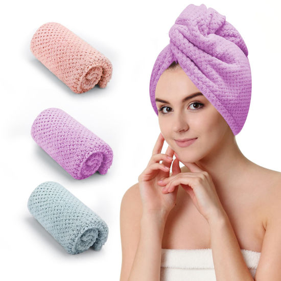Picture of CZZXI 3 PCS Microfiber Hair Towel, Hair Wraps for Women Wet Hair, Fast Drying Hair Turban, Anti Frizz Head Towels Wrap for Curly Hair (Purple, Pink, Blue)