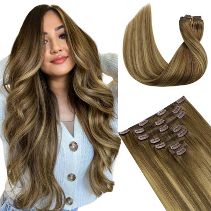 Picture of DOORES Hair Extensions Clip in Human Hair, Medium Brown Highlighted Dirty Blonde 14 Inch 7pcs 120g, Real Hair Extensions Clip in Remy Extensions Straight Balayage Natural Thick Hair