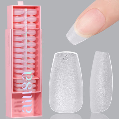 Picture of AILLSA Short Coffin Nail Tips 450pcs Soft Gel Full Cover Nail Tips Matte Pre-filed Press On False Nails Tips Fake Extension Gelly Nail Tips for Acrylic Nails Professional With Gift Box （15 Sizes）