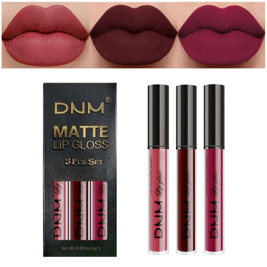 Picture of evpct 3Pcs Dark Red Purple Matte 24-hour Liquid Lipstick Sets,DNM Matte Lipstick Lip Stain Long Lasting 24 Smudge Waterproof Lip Gloss Gift Set Matt Lipsticks Set Matt Liquid Women Makeup Lipstick 06