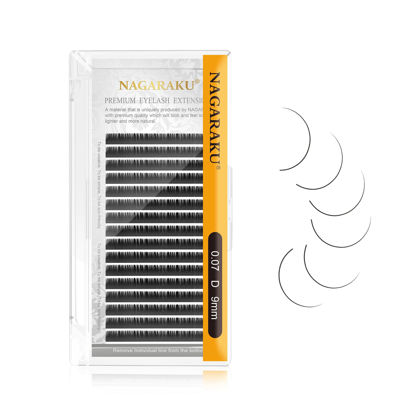 Picture of NAGARAKU Eyelash Extensions Individual Lashes 0.07mm D curl 9mm Classic Super Matte Black Soft Natural Faux Mink 16 rows Stable curl