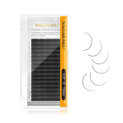 Picture of NAGARAKU Eyelash Extensions Individual Lashes 0.07mm D curl 12mm Classic Super Matte Black Soft Natural Faux Mink 16 rows Stable curl