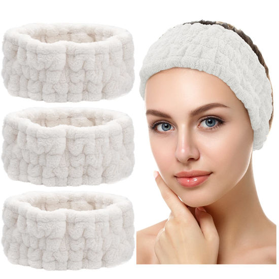 Picture of Chuangdi 3 Pieces Headband Set - Elastic Head Wrap for Makeup, Washing Face, Yoga, Sports, Shower, Women and Girls (White)