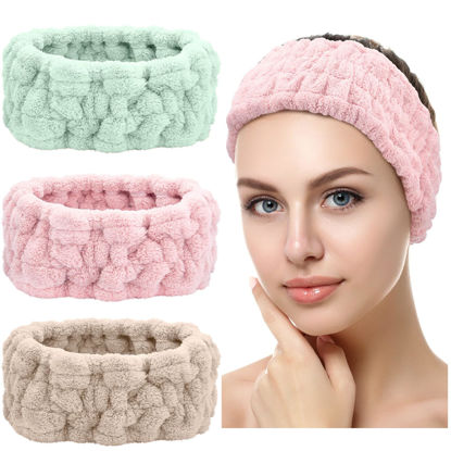 Picture of Chuangdi 3 Pieces Terry Cloth Elastic Headbands for Women - Makeup, Face Washing, Yoga, Sports, Shower (Pink, Green, Brown)