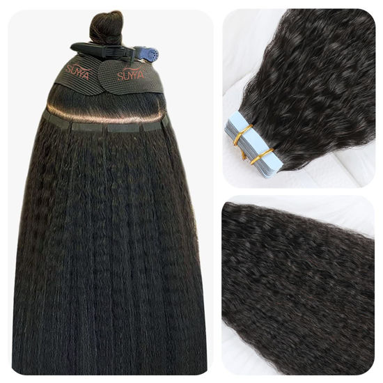 Picture of SUYYA Tape in Hair Extensions Human Hair Kinky Straight Tape in Extensions Natural Black 20 Inch Skin Weft 50g/Pack 20PCS Tape INS for Women (#1B Natural Black)